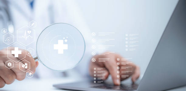 istock Medical performance checklist, Medical worker using laptop doing online checklist survey, filling out digital form checklist, take an assessment, questionnaire, evaluation, online survey, online exam. 2186616768