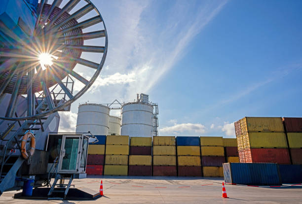 Large group of colourful cargo containers at the dock