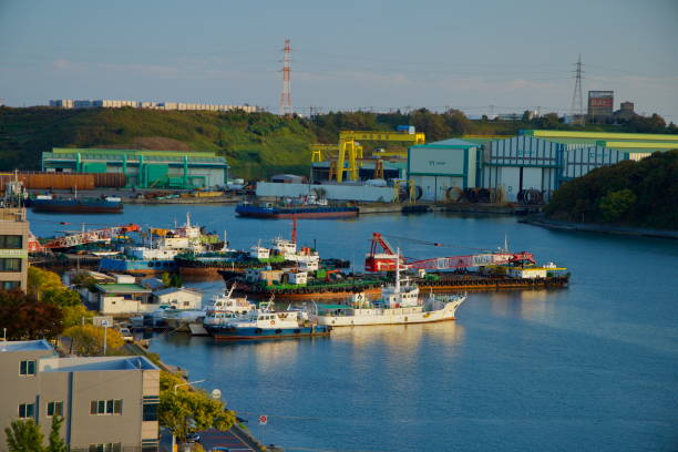 Ulsan, South Korea - November 14, 2024: Ships docked at Jangsaengpo Port near industrial facilities and workshops, with cranes and warehouses forming a dynamic backdrop of maritime operations.