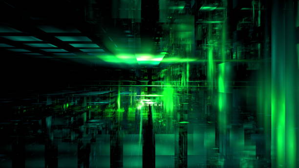 istock vibrant digital environment features abstract geometric shapes illuminated in green hues. 3d render 2186633012