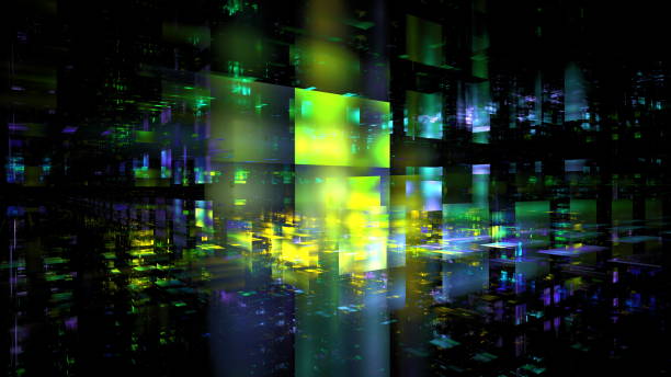 Colorful light patterns and geometric shapes create a dynamic abstract landscape that evokes a sense of depth and movement. Futuristic environment with vivid hues. 3d render