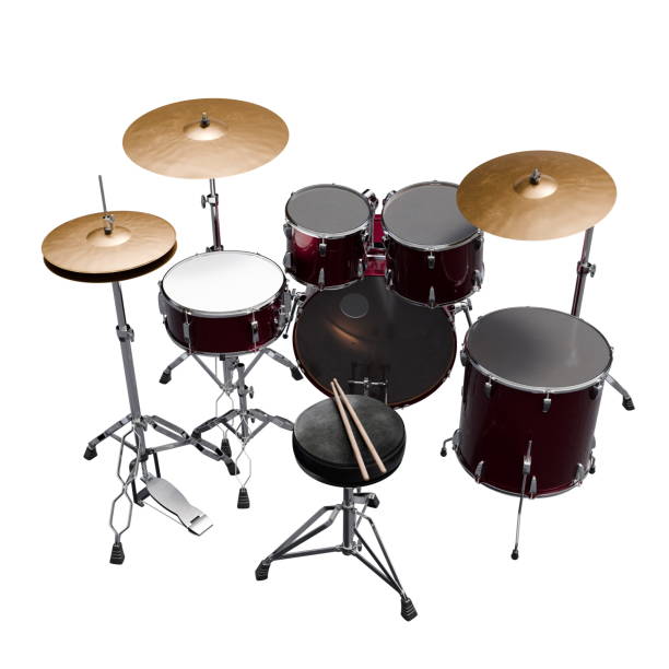Old drum set close up, red timpani and snare with sticks, hardware details,