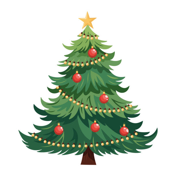 Christmas tree Christmas tree with toys and garland. Red Christmas balls and yellow lights. Vector illustration on a white background. christmas tree stock illustrations