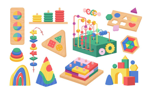 Cartoon isolated wood blocks and puzzle games for preschool kids, pedagogic therapy in kindergarten for fine motor activity and early development. Montessori occupational toys set vector illustration. Cartoon isolated wood blocks and puzzle games for preschool kids, pedagogic therapy in kindergarten for fine motor activity and early development. Montessori occupational toys set vector illustration sorter machine stock illustrations