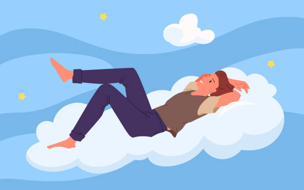 istock Happy man flying on cloud in blue sky to relax and dream, guy lying with comfort 2186635827