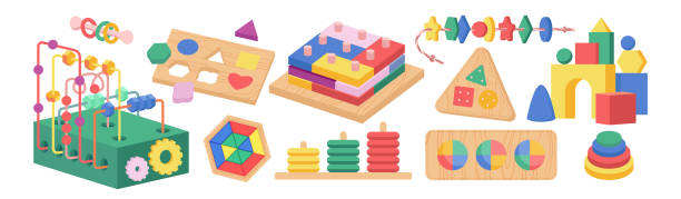 Cartoon isolated wood blocks and puzzle games for preschool kids, pedagogic therapy in kindergarten for fine motor activity and early development. Montessori occupational toys. Cartoon isolated wood blocks and puzzle games for preschool kids, pedagogic therapy in kindergarten for fine motor activity and early development. Montessori occupational toys sorter machine stock illustrations