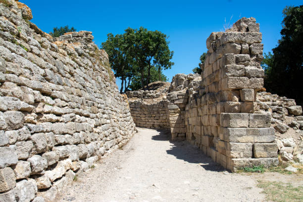 istock Ancient Stone Pathway Through Historic Troy Archaeological Site in Turkey: Preserved Limestone Walls of Legendary Trojan Civilization Under Summer Sky 2186639659