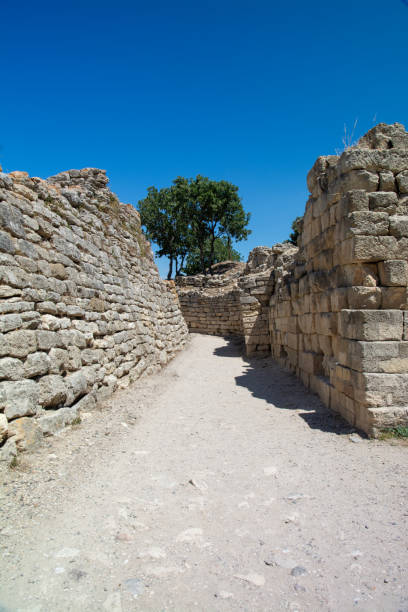istock Ancient Stone Pathway Through Historic Troy Archaeological Site in Turkey: Preserved Limestone Walls of Legendary Trojan Civilization Under Summer Sky 2186639852