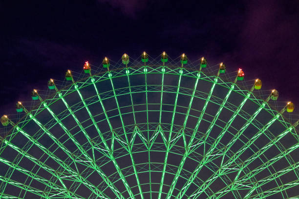 A striking image capturing the top section of a Ferris wheel glowing with green illumination against a deep night sky. The unique light pattern highlights the structural elegance and creates an enchanting visual appeal.