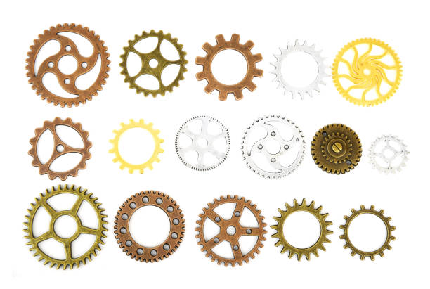 Collection of many steampunk gears isolated on white background.
