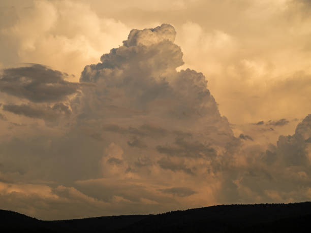 Cumulonimbus clouds over a forest hill at sunset
