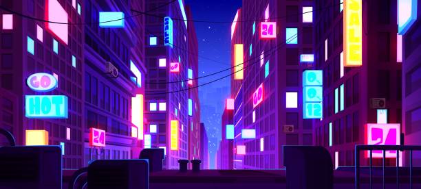 istock Night neon downtown city street with signboard 2186648463