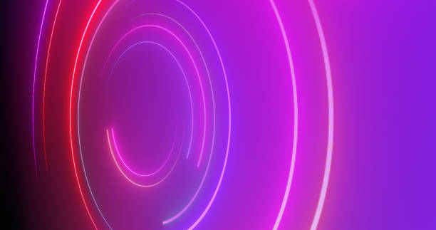 istock 3d Neon circles moving bg. Show starter intro background for videos, titles. Glowing circles light laser like glowing geometric 3d hypnotizing backdrop. Striped neon club bg. Illuminated swirl curve. 2186651166