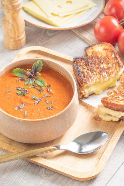 Tomato basil soup with a grilled cheese sandwich