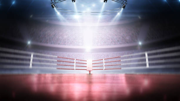Red 3D boxer arena with viewers. Dynamic sports background. Red empty boxing ring under lights. Full tribune. Wide angle. Accent in the center of the background