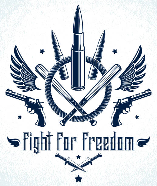 Revolution and War vector emblem with bullets and guns, tattoo with lots of different design elements, riot partisan warrior, criminal and anarchist style, social tension theme.