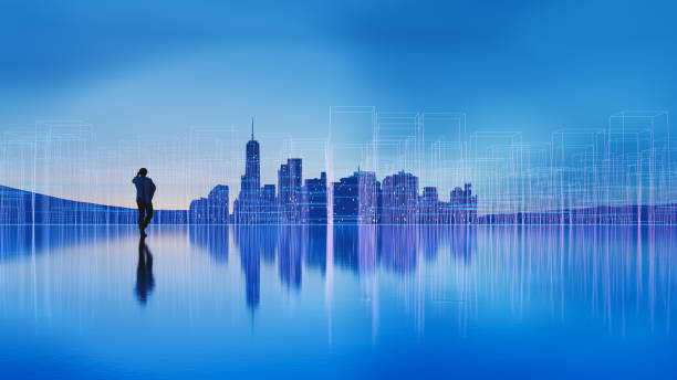 Man walking in a digital landscape
