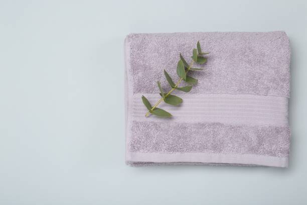 istock Violet terry towel and eucalyptus branch on light grey background, top view. Space for text 2186682127