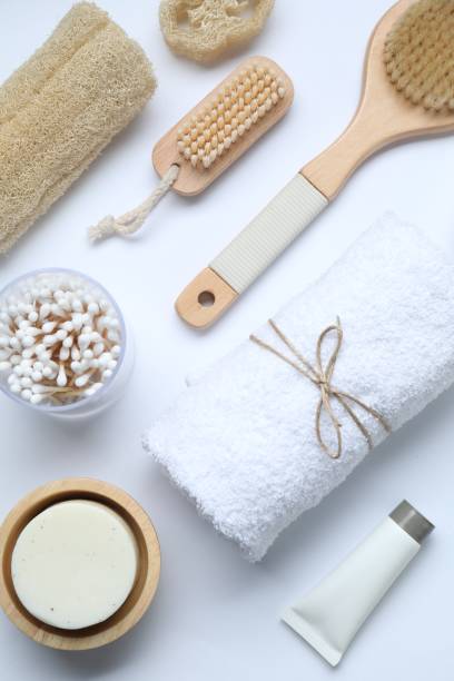 istock Bath accessories. Flat lay composition with personal care products on white background 2186682180