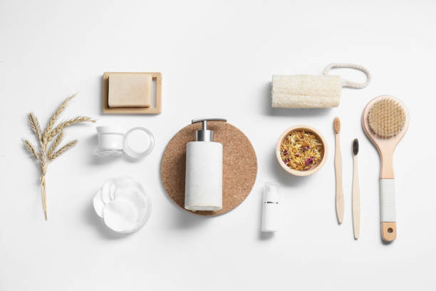 istock Bath accessories. Flat lay composition with personal care products on white background 2186682183