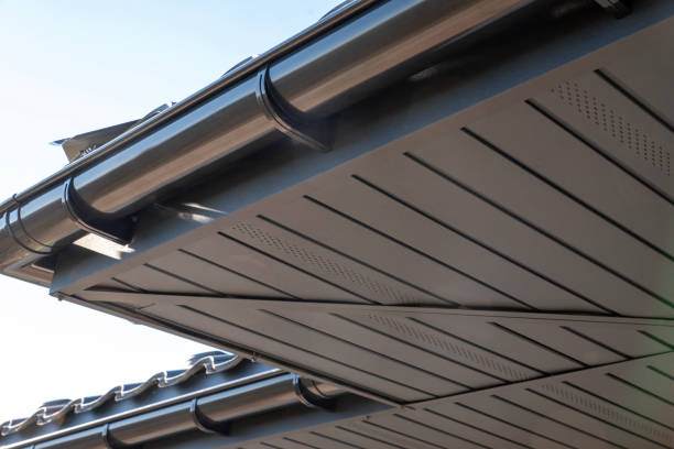 istock Gray perforated metal soffit on a house with gutter system 2186685740