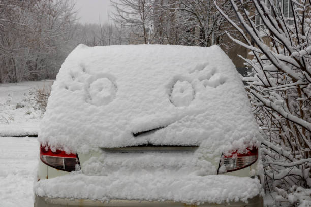istock A car covered with snow has eyes with eyelashes painted on the snow. 2186688173