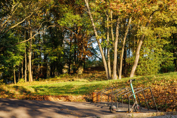 Scooter on a special site in the autumn park. High quality photo