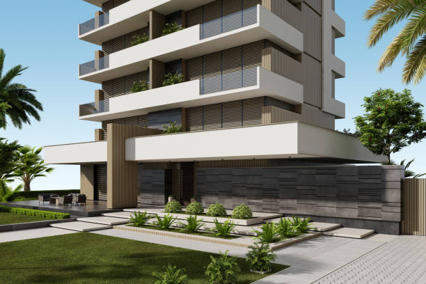 istock Modern Condominium Building with Apartments with Large Windows, Terraces, and Lush Greenery 2186691487