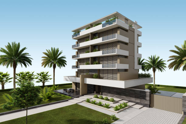 istock Modern Condominium Building with Apartments with Large Windows, Terraces, and Lush Greenery 2186691569