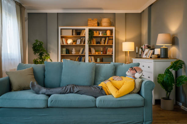 istock Mature senior man practice guided meditation manifestation at home 2186692518