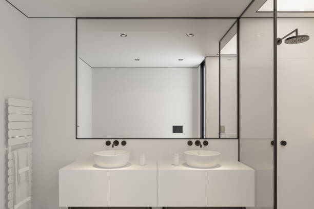 istock Modern Minimalist All-White Bathroom with Luxury Black Details 2186697501