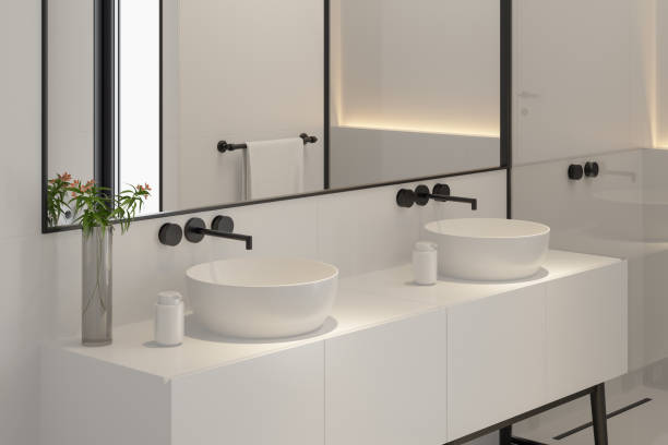 istock Modern Minimalist All-White Bathroom with Luxury Black Details 2186697513