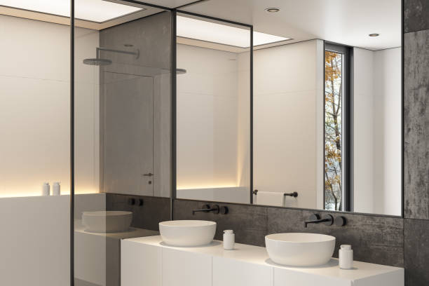 istock Modern Minimalist Bathroom with Black Stone Walls and White Floor 2186701890