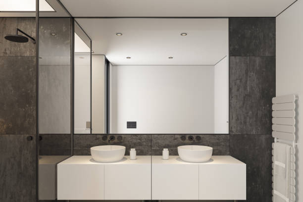 istock Modern Minimalist Bathroom with Black Stone Walls and White Floor 2186701897
