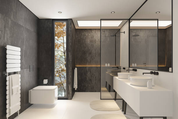 istock Modern Minimalist Bathroom with Black Stone Walls and White Floor 2186701899