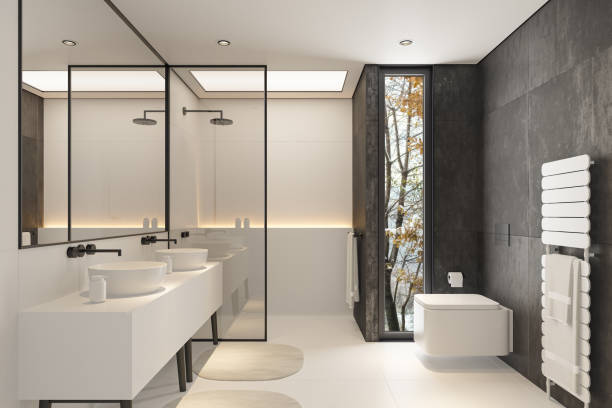 istock Modern Minimalist Bathroom with Black Stone Walls and White Floor 2186701900