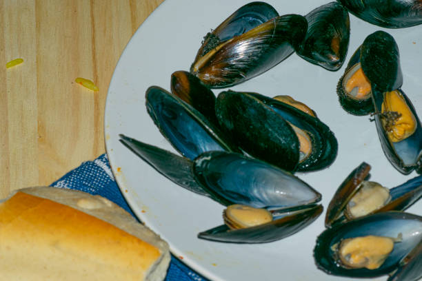 Mussels on a white plate , on the table