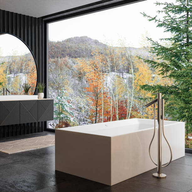 istock Modern Bathroom with Large Circular Mirror, One Sink, and Floor-to-Ceiling Window 2186702246