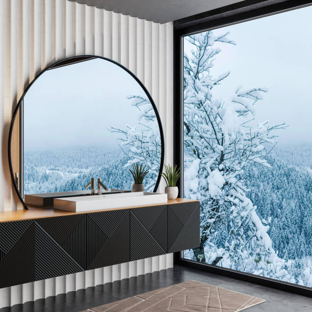 istock Modern Bathroom with Large Circular Mirror, One Sink, and Floor-to-Ceiling Window 2186702252