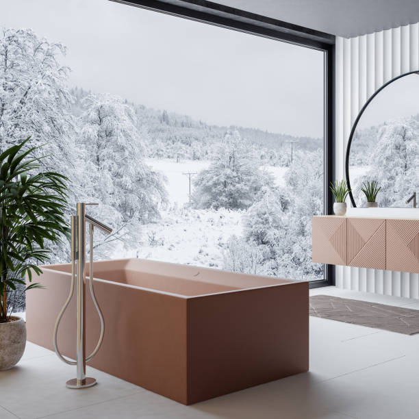 istock Modern Bathroom with Large Circular Mirror, One Sink, and Floor-to-Ceiling Window 2186702266