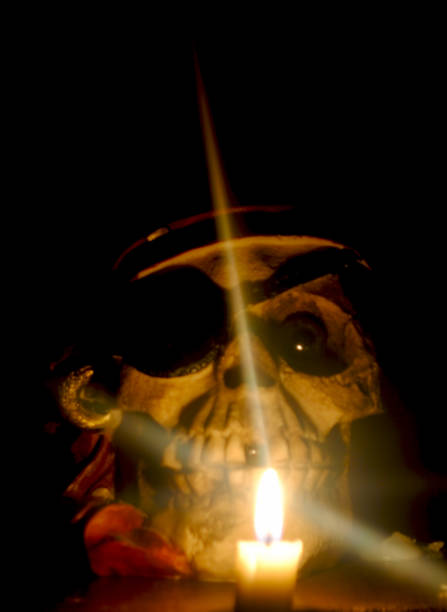 A skull replica and light of candle.