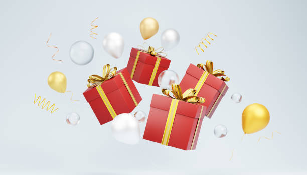 istock Red christmas gift boxes and balloons floating on light blue background 2186713211