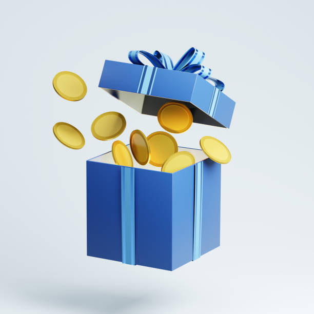 istock Blue christmas gift box pouring golden coins, 3d rendering 2186713228