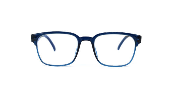istock Stylish blue and black eyeglasses with frameless clear lenses isolated on white background 2186718411