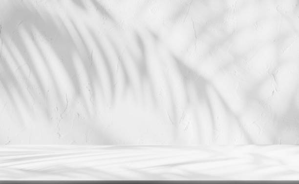 istock Backdrop white podium display for product. Interior room with sunlight and shadows on white concrete wall surface 2186719626
