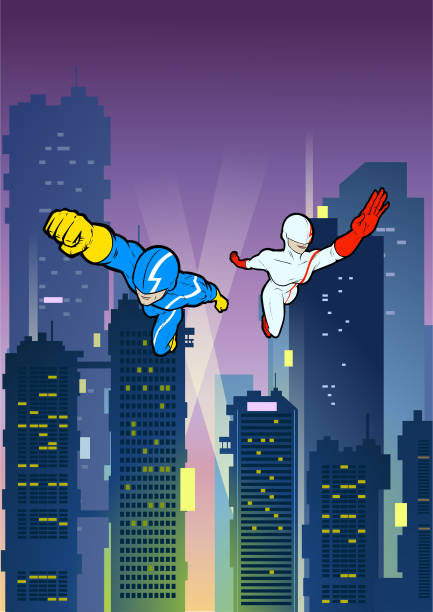 istock Vector Flying Superhero Couple with Cyberpunk City Background Stock Illustration 2186720156