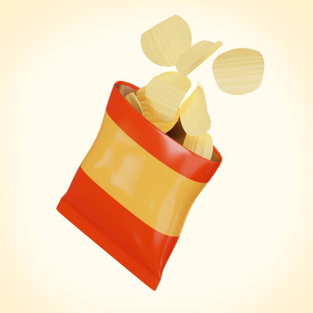 Crispy potato chips essence of delicious, salty snacks, ideal for food-related projects and designs fast food and junk food. 3D render illustration