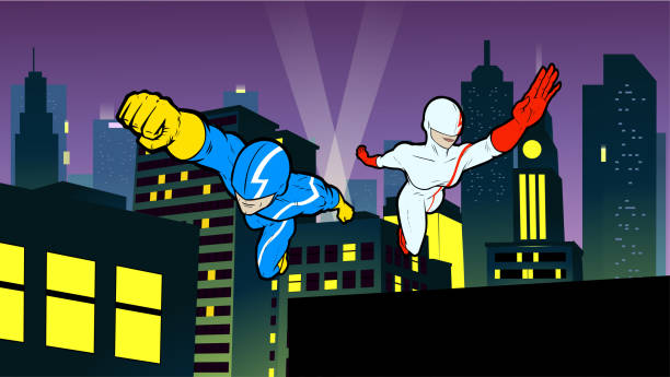 istock Vector Flying Superhero Couple with Cyberpunk City Background Stock Illustration 2186723921