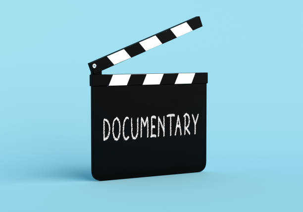 Clapperboard showing documentary film production on blue background