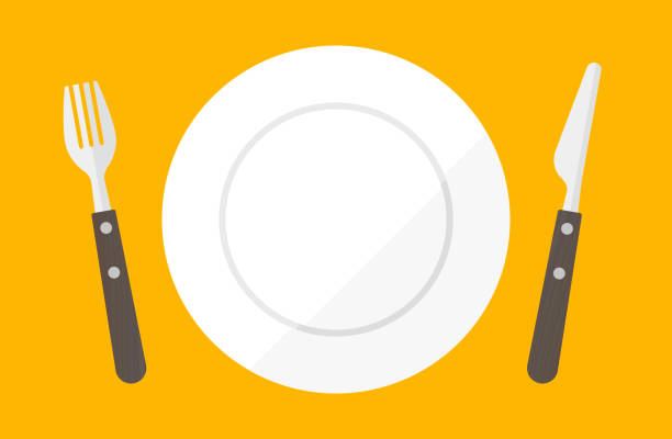 illustrations, cliparts, dessins animés et icônes de illustration vectorielle de couteau et fourchette, assiette et napperon copier l’espace cadre simple - prendre son repas
